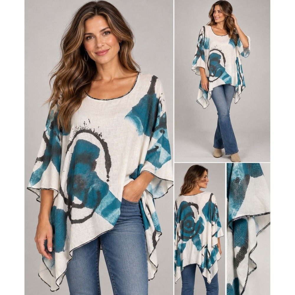 Monika Astara Hand Painted Art To Wear Blouse Teal Abstract USA Handmade